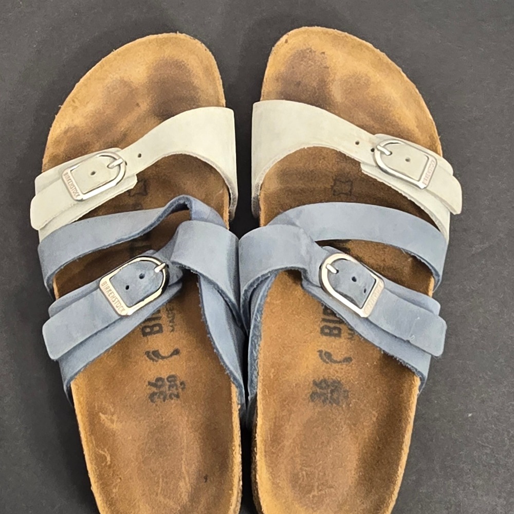 Birkenstock Franca Sandals Blue White Leather Buckle Slide Womens 36 EU 5 US - Picture 6 of 16